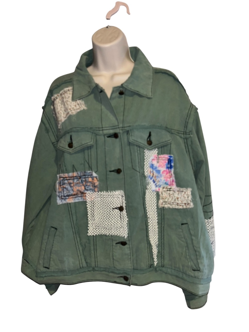 POL L Patchwork Denim Jacket in Sea Grass - Picture 4 of 9